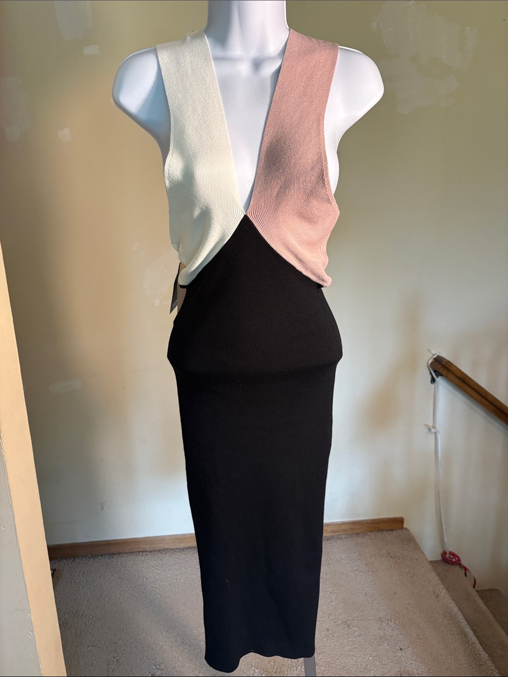 Colorblock Midi Dress with Deep V-Neck - Black, Cream & Blush
